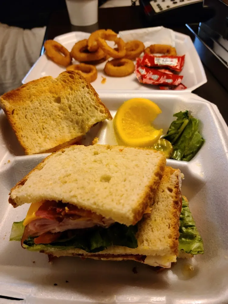 Club Sandwich and Onion Rings